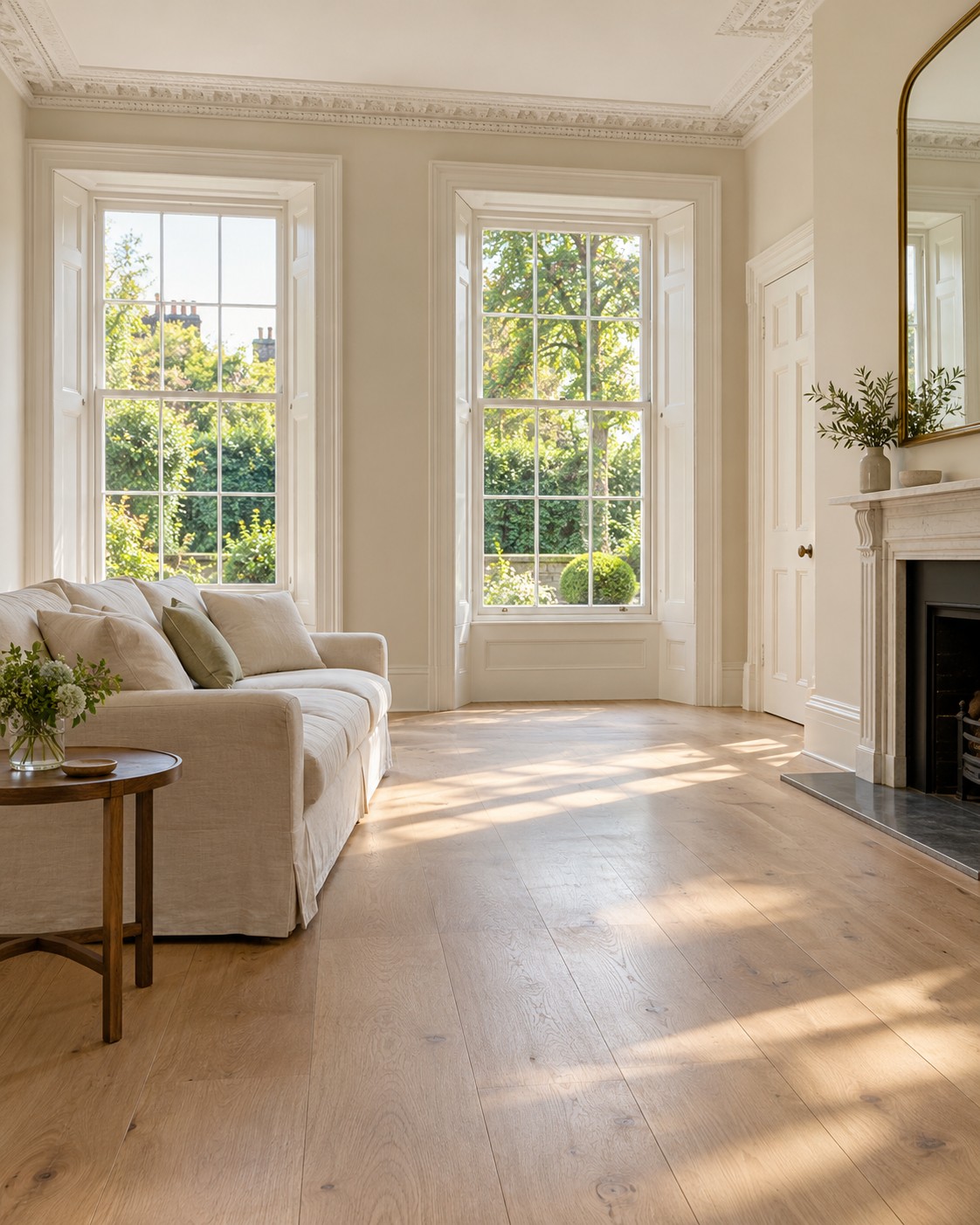 A spacious Georgian-style sitting room with tall sash windows, a cream sofa and clear oak floors